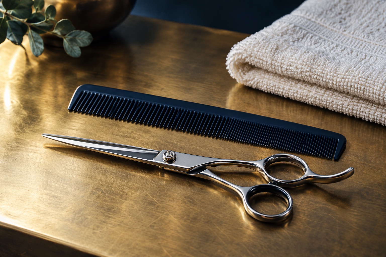 Illustrative still life of haircutting scissors, a navy comb and folded towel on brass